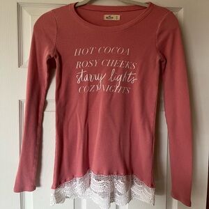 Hollister Rose-Pink Waffle Knit Long-Sleeve Top with Lace Hem